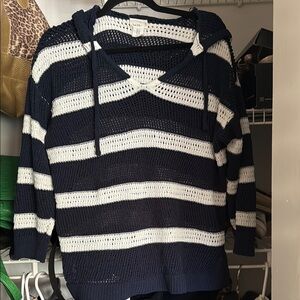 Nicole Miller Blue and White V-Neck Sweater Nautical Stripes